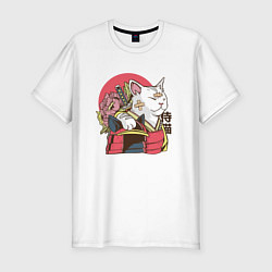 Футболка slim-fit Котик Самурай Samurai Cat Japanese art, цвет: белый