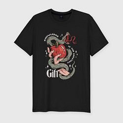 Мужская slim-футболка Змея и яблоко надпись: Знание это лучший подарок