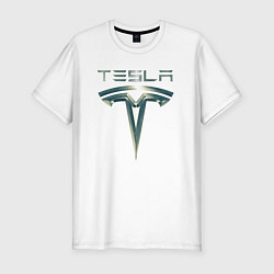 Мужская slim-футболка Tesla Logo Тесла Логотип Карбон