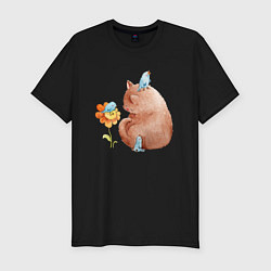Мужская slim-футболка Кошка с птичкой