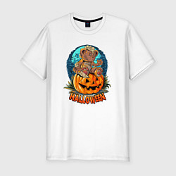 Футболка slim-fit Halloween - Мишка на тыкве, цвет: белый