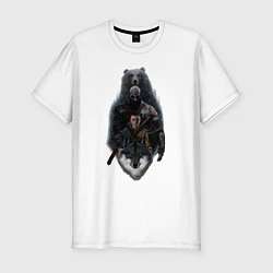 Мужская slim-футболка Кратос, Атрей и звери GoW Ragnarok
