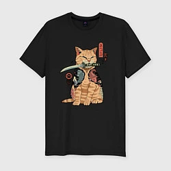 Мужская slim-футболка Кот самурай с вакидзаси