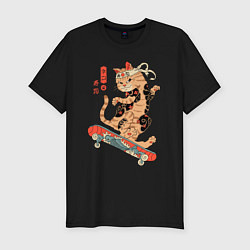 Мужская slim-футболка Кот самурай скейтбордист