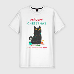 Мужская slim-футболка Meowy Christmas and a happy purr year