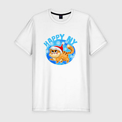 Мужская slim-футболка Новогодний котик в шапке Санты