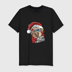 Футболка slim-fit Pug merry christmas, цвет: черный