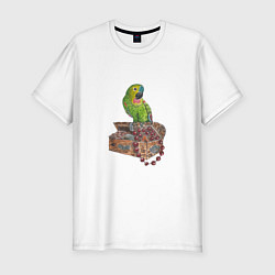 Футболка slim-fit Зеленый попугай на сундуке с сокровищами, цвет: белый