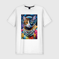 Футболка slim-fit Котёнок космонавт - нейросеть, цвет: белый