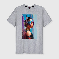 Футболка slim-fit Girl in helmet - cyberpunk - neural network, цвет: меланж