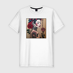 Футболка slim-fit Irezumi - гейша с татуировкой и розами, цвет: белый