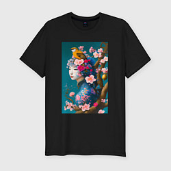 Мужская slim-футболка Девушка с птицей на фоне цветущей сакуры