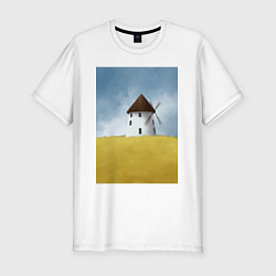 Мужская slim-футболка Ветряная мельница в поле