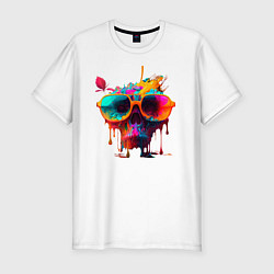 Мужская slim-футболка Красочный неоновый коктейль в черепе