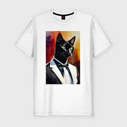 Футболка slim-fit Gentleman cat - meme - neural network, цвет: белый