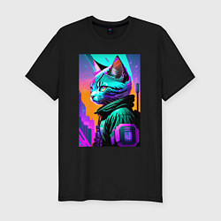 Футболка slim-fit Прикольный котёнок - киберпанк, цвет: черный