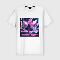 Футболка slim-fit Милая аниме девочка-ангел на фоне неонового города, цвет: белый