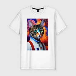 Футболка slim-fit Кот в комбинезоне - нейросеть, цвет: белый