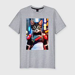 Футболка slim-fit Милый котёнок - киберпанк, цвет: меланж