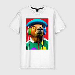 Футболка slim-fit Капибара в наушниках и шляпе - нейросеть, цвет: белый