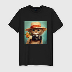 Футболка slim-fit Кот в соломенной шляпе с фотоаппаратом, цвет: черный