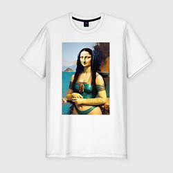 Мужская slim-футболка Мона Лиза на пляже - Биарриц - Франция