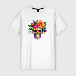 Футболка slim-fit Череп с цветами в мексиканском стиле, цвет: белый