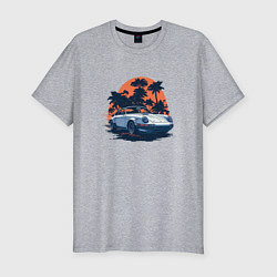 Мужская slim-футболка Порше, пальмы и закат