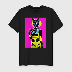 Футболка slim-fit Black cat - fashionista - pop art - neural network, цвет: черный