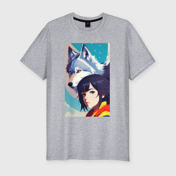 Футболка slim-fit Girl and wolf - anime - neural network -art, цвет: меланж