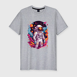 Мужская slim-футболка Космонавт в открытом космосе среди планет