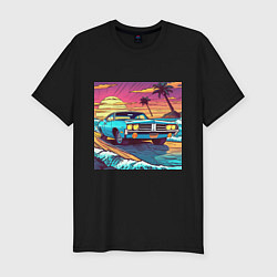 Футболка slim-fit Автомобиль Dodge в стиле retrowave, цвет: черный