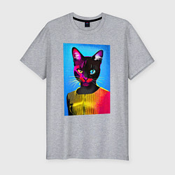 Мужская slim-футболка Модная чёрная кисуля с разными глазами - поп-арт
