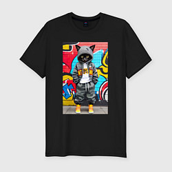 Футболка slim-fit Уличный котёнок хулиган на фоне граффити - нейросе, цвет: черный