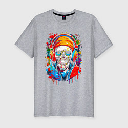 Футболка slim-fit Череп в бандане очках и наушниках, цвет: меланж