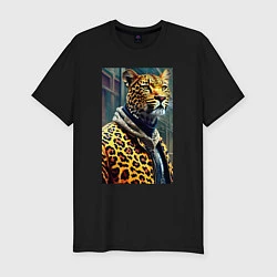 Футболка slim-fit Крутой леопард житель мегаполиса, цвет: черный