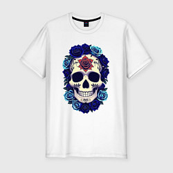 Мужская slim-футболка Череп с сининими розами