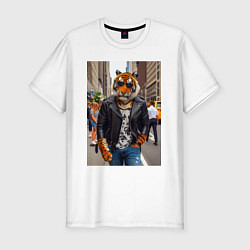 Мужская slim-футболка Cool tiger on the streets of New York - ai art