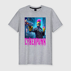 Мужская slim-футболка Homer Simpson with a gun and a donut - cyberpunk -