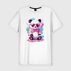 Футболка slim-fit Милая панда в розовых очках и бантике, цвет: белый