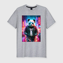 Мужская slim-футболка Панда в ночном Пекине - киберпанк - нейросеть