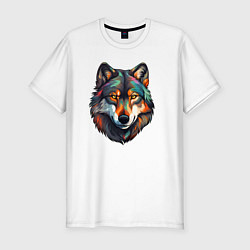 Футболка slim-fit Цветной портрет волка, цвет: белый