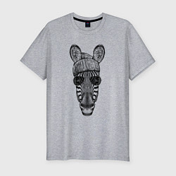 Футболка slim-fit Зебра в очках и шапке, цвет: меланж