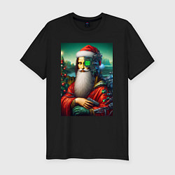 Мужская slim-футболка Mona Lisa in Santa costume - cyberpunk