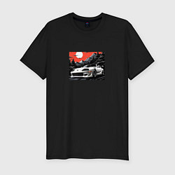 Мужская slim-футболка Тойота Супра в горах в алом закате