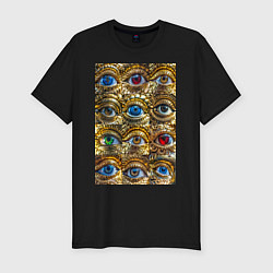 Футболка slim-fit Глаза разноцветные из золота в стиле стимпанк, цвет: черный
