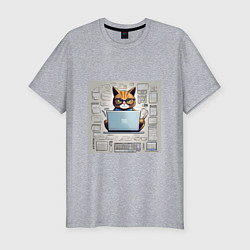 Мужская slim-футболка Кот программист за ноутбуком