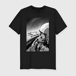 Футболка slim-fit Ванпанчмен Сайтама на крыле самолета, цвет: черный