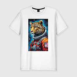 Футболка slim-fit Леопард бравый космонавт - нейросеть, цвет: белый