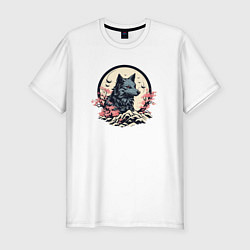 Мужская slim-футболка Черный волк в горах